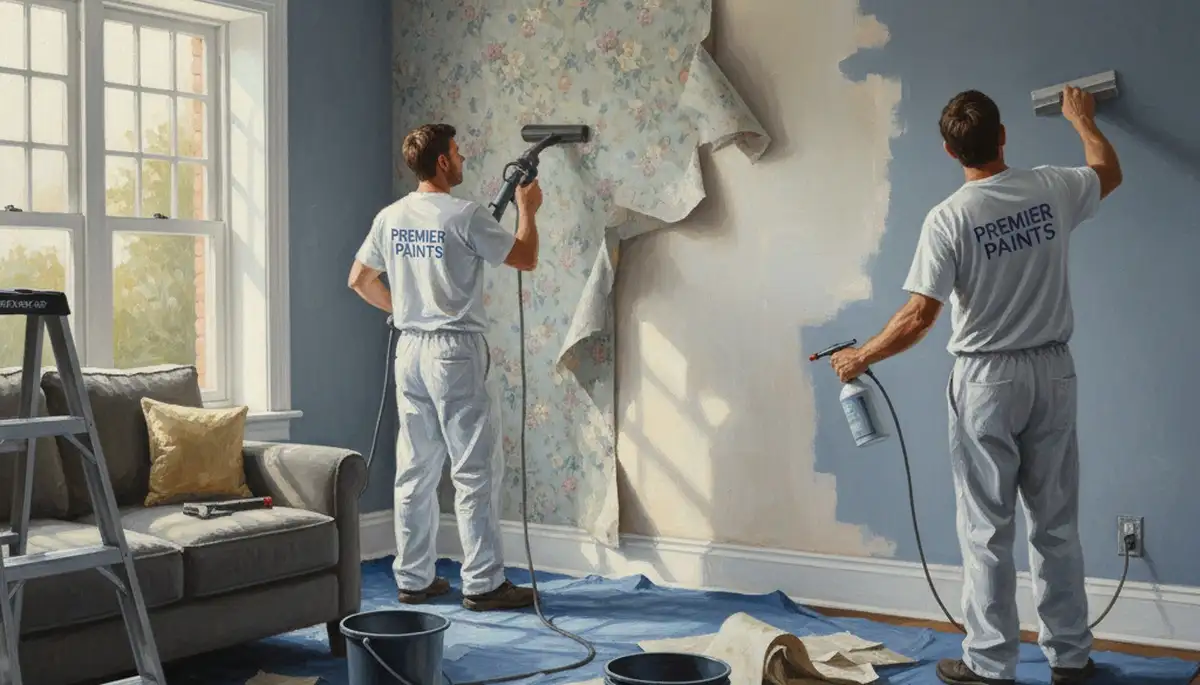 Arlington, TX painters removing wallpaper and prepping walls for painting in a home